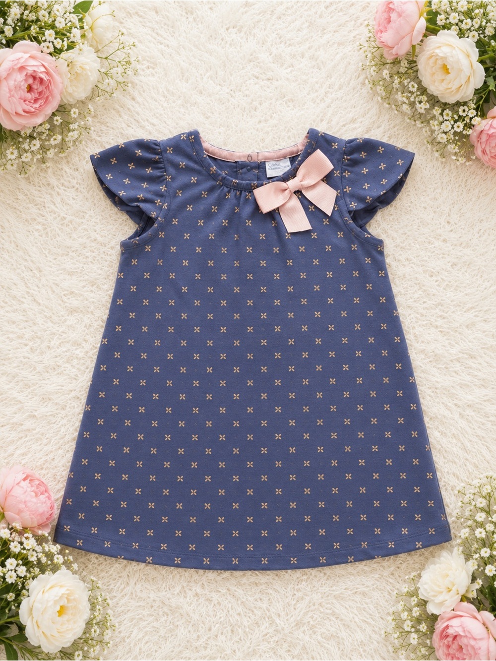 Girls Navy Dress with Pink Bow Accent